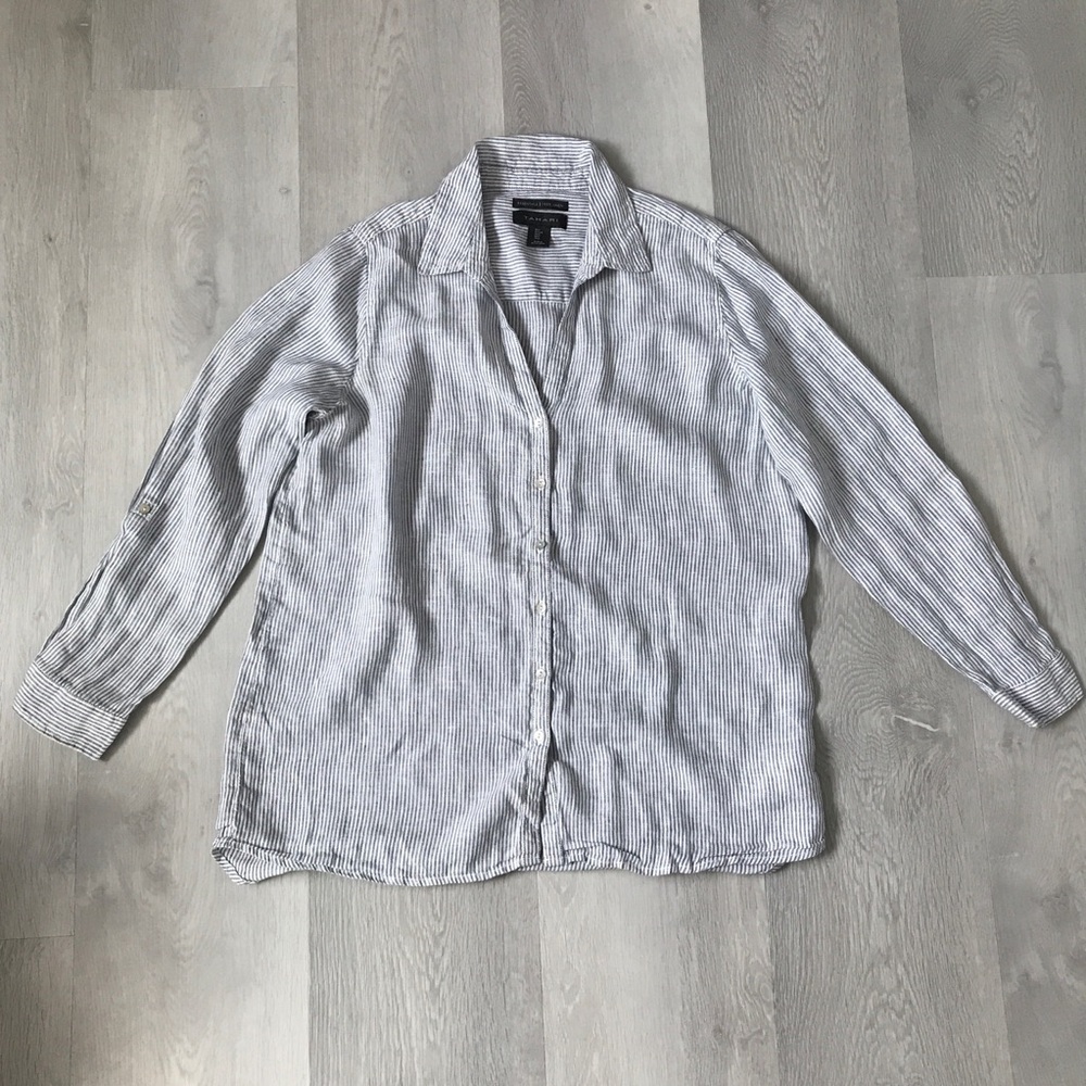 TAHARI 100% LINEN SHIRT BUTTON BLUE STRIPE LONG SLEEVE WOMENS LARGE